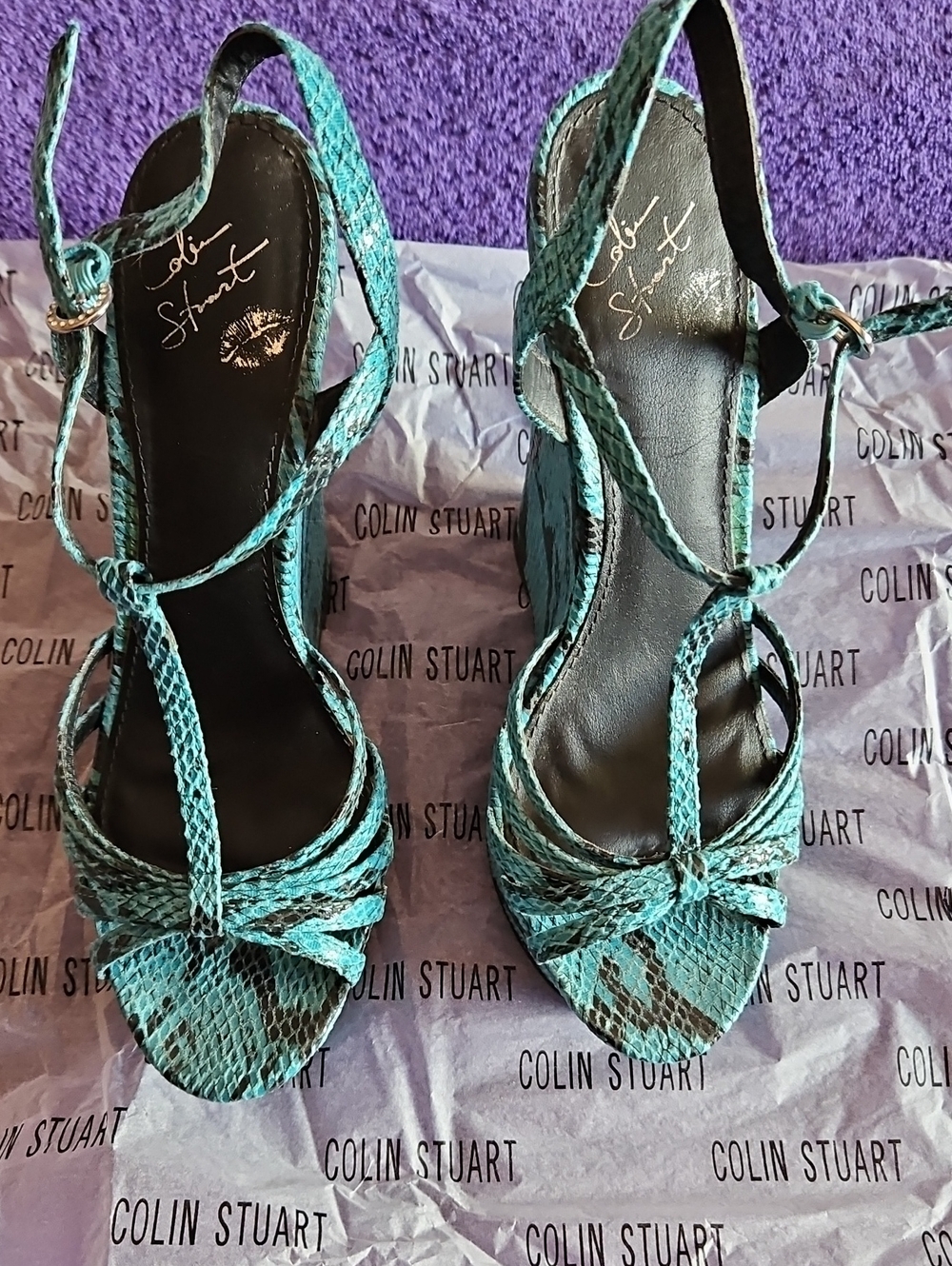 Like New Colin Stuart Teal Snake Jeopard Pink Wedge Heels, Size 7